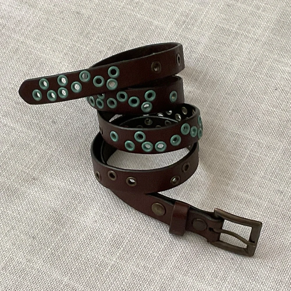 Brown Leather Boho Belt Blue Decorative Holes Size 31”-35”